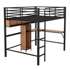 Letto a soppalco full size con scrivania a L e mensole, struttura in metallo e legno, nero e marrone