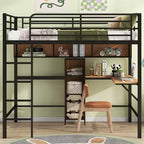 Letto a soppalco full size con scrivania a L e mensole, struttura in metallo e legno, nero e marrone
