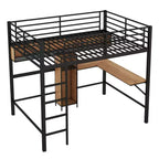 Letto a soppalco full size con scrivania a L e mensole, struttura in metallo e legno, nero e marrone