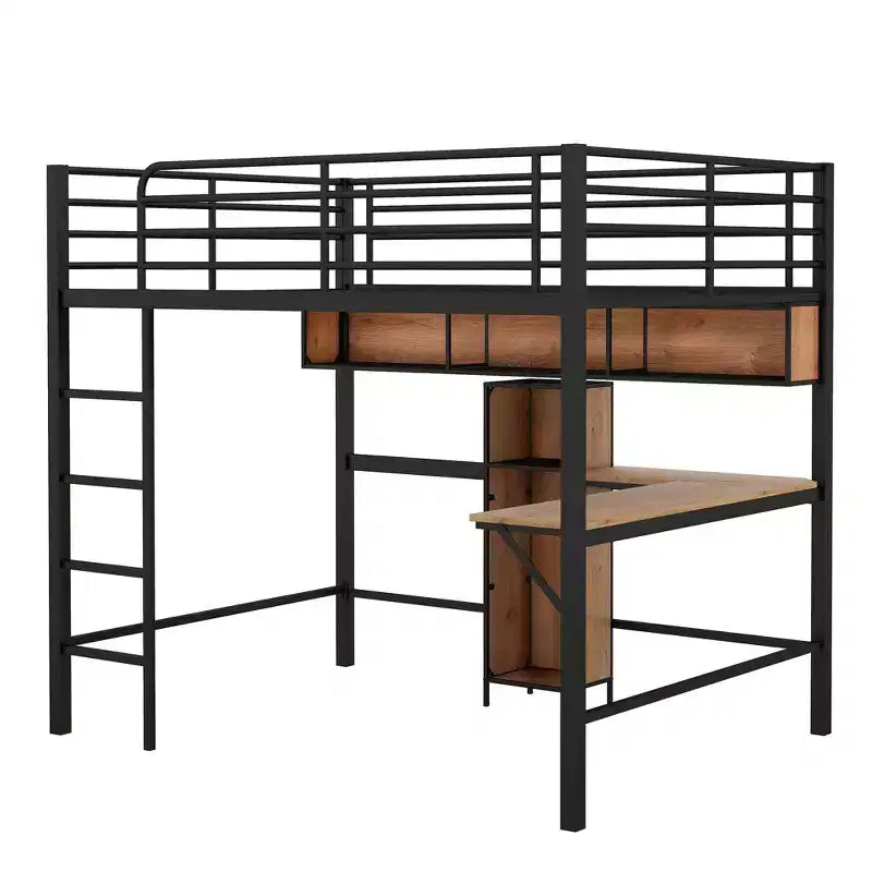 Letto a soppalco full size con scrivania a L e mensole, struttura in metallo e legno, nero e marrone