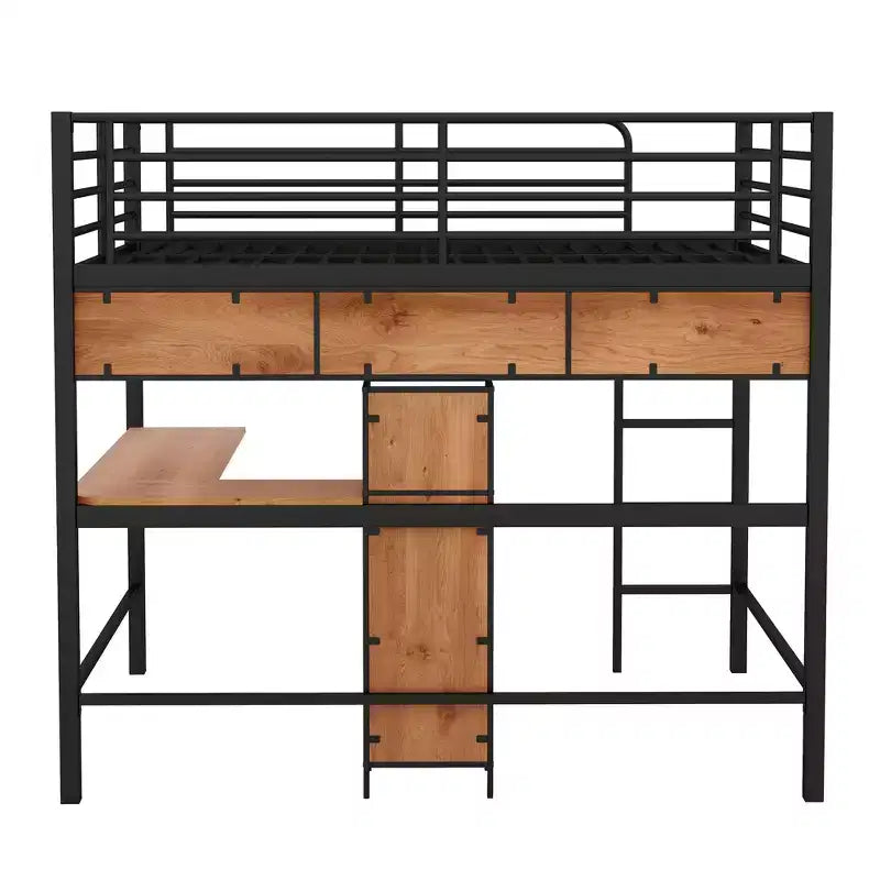 Letto a soppalco full size con scrivania a L e mensole, struttura in metallo e legno, nero e marrone