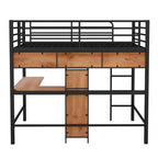 Letto a soppalco full size con scrivania a L e mensole, struttura in metallo e legno, nero e marrone