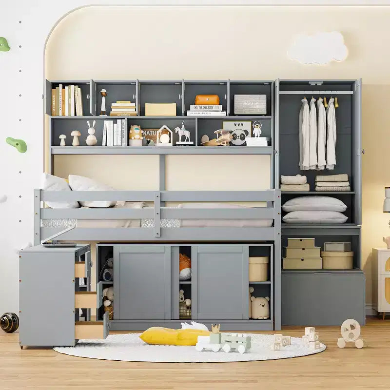 Whisen 108.2L x 42W Modern Design Loft Bed with Wardrobe, Desk, Drawers and Shelves