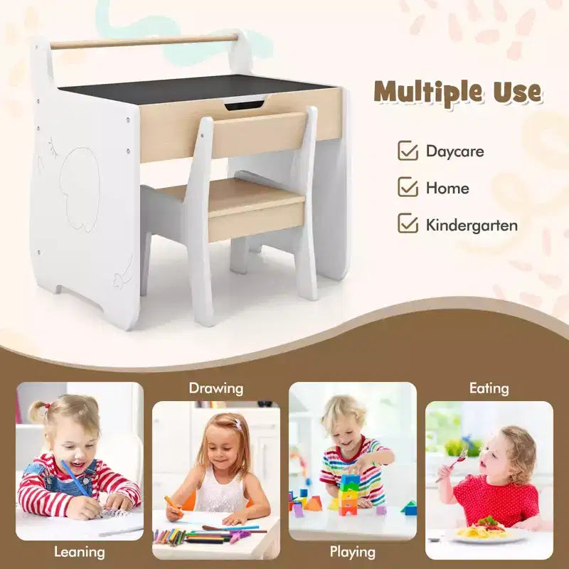 Tavolo e sedia per bambini in legno 3 in 1 con piano rimovibile e contenitore nascosto per carta