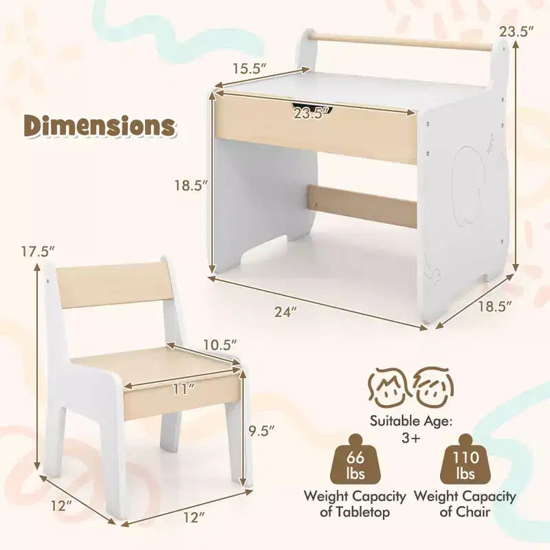 Tavolo e sedia per bambini in legno 3 in 1 con piano rimovibile e contenitore nascosto per carta