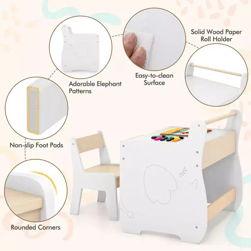 Tavolo e sedia per bambini in legno 3 in 1 con piano rimovibile e contenitore nascosto per carta
