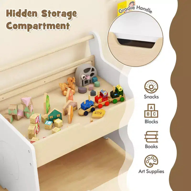 Tavolo e sedia per bambini in legno 3 in 1 con piano rimovibile e contenitore nascosto per carta