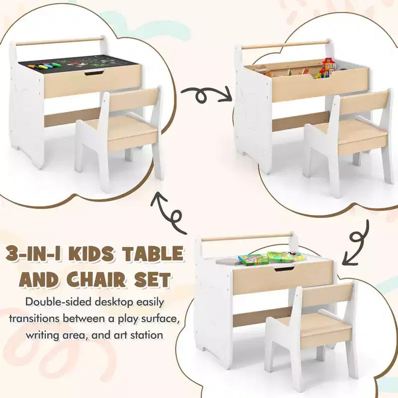 Tavolo e sedia per bambini in legno 3 in 1 con piano rimovibile e contenitore nascosto per carta