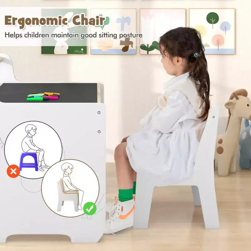Tavolo e sedia per bambini in legno 3 in 1 con piano rimovibile e contenitore nascosto per carta