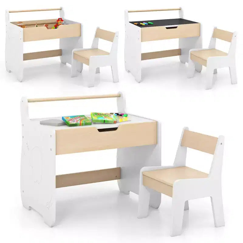 Tavolo e sedia per bambini in legno 3 in 1 con piano rimovibile e contenitore nascosto per carta