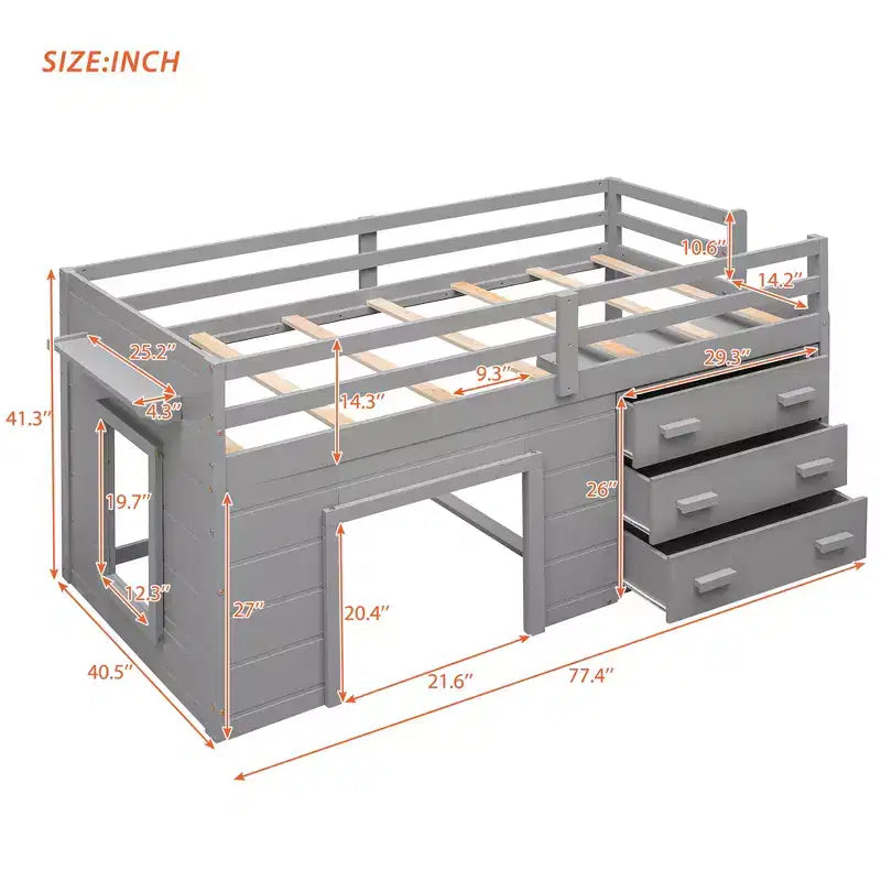 Letto a soppalco moderno, dimensioni singole, con mobiletto e mensola, 77.4L x 40.5W, Progettato per la vostra sicurezza
