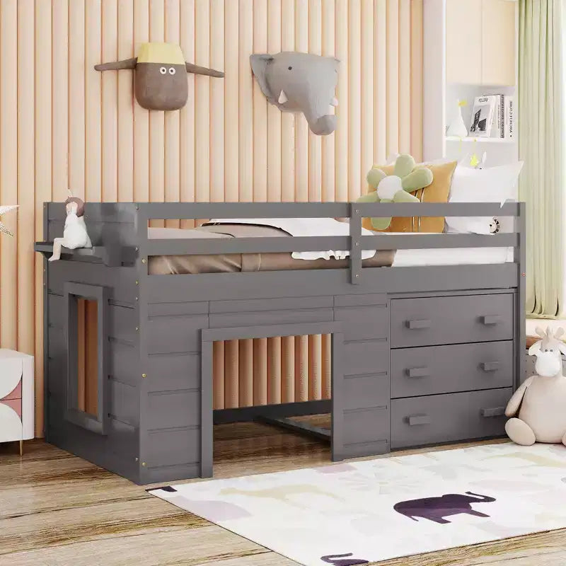 Letto a soppalco moderno, dimensioni singole, con mobiletto e mensola, 77.4L x 40.5W, Progettato per la vostra sicurezza