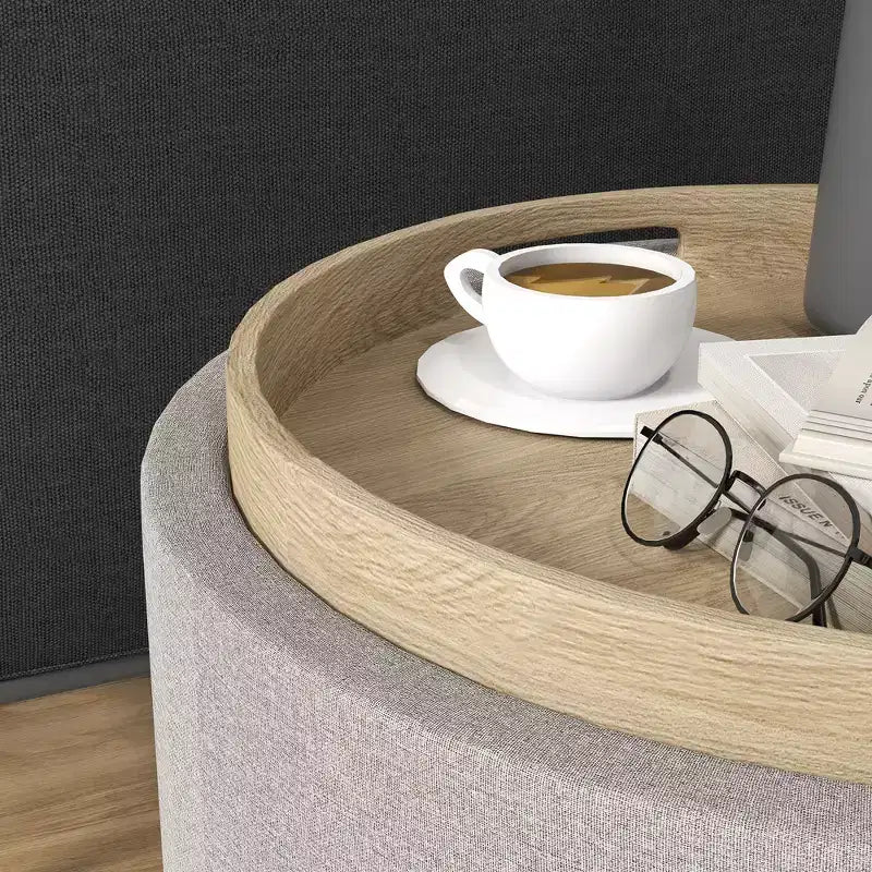 Tavolino Poggiapiedi Contenitore con Vassoio Ribaltabile e Spazio Nascosto, Pouf Rotondo Rivestito in Tessuto Effetto Lino