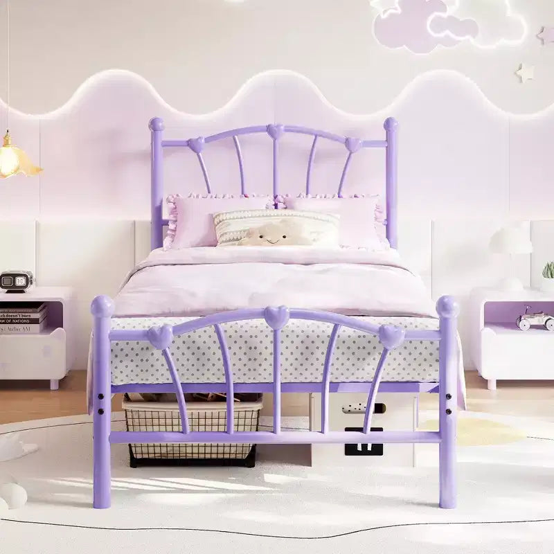Elegante Letto a Piattaforma in Metallo a Forma di Cuore - Struttura Robusta con Supporto a Doghe, Vano Contenitore Sotto il Letto, Nessuna Rete a Molle Necessaria - Misura Singola, Bianco