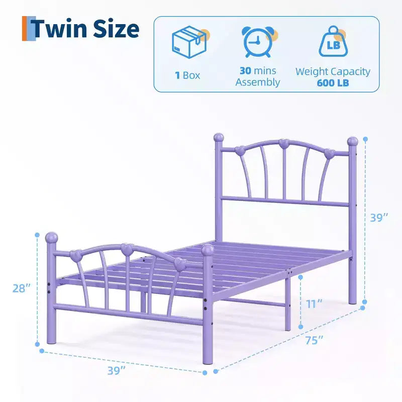 Elegante Letto a Piattaforma in Metallo a Forma di Cuore - Struttura Robusta con Supporto a Doghe, Vano Contenitore Sotto il Letto, Nessuna Rete a Molle Necessaria - Misura Singola, Bianco