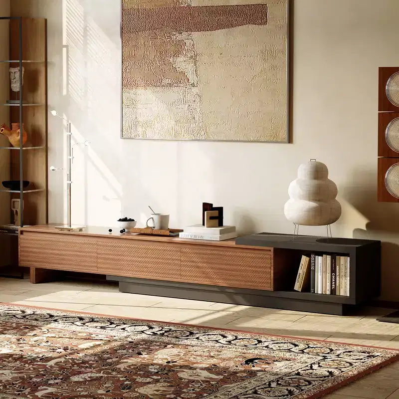 Mobile TV allungabile 78.74x102.3 con 3 cassetti, frontale con texture e console multimediale moderna per soggiorno