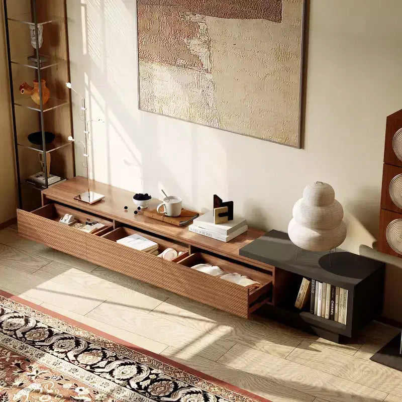 Mobile TV allungabile 78.74x102.3 con 3 cassetti, frontale con texture e console multimediale moderna per soggiorno