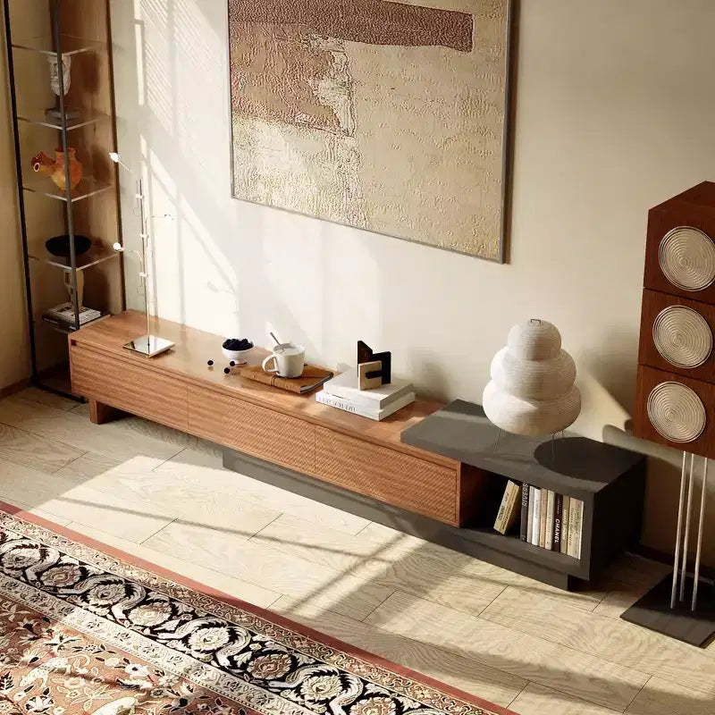 Mobile TV allungabile 78.74x102.3 con 3 cassetti, frontale con texture e console multimediale moderna per soggiorno