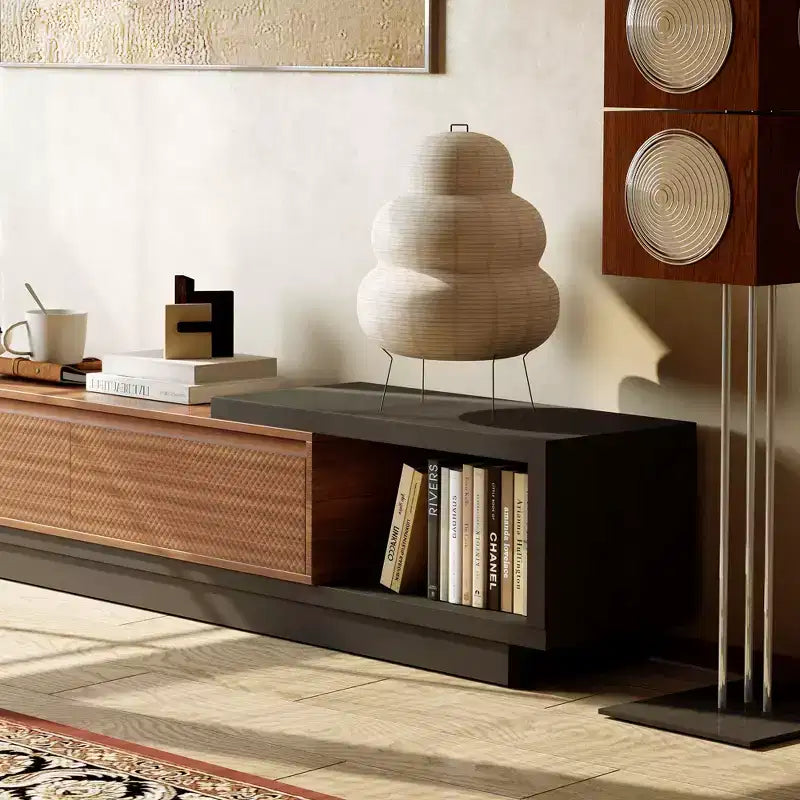 Mobile TV allungabile 78.74x102.3 con 3 cassetti, frontale con texture e console multimediale moderna per soggiorno