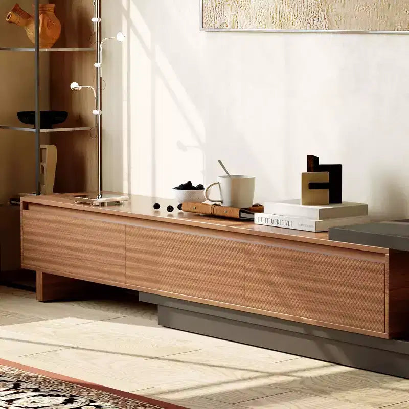 Mobile TV allungabile 78.74x102.3 con 3 cassetti, frontale con texture e console multimediale moderna per soggiorno