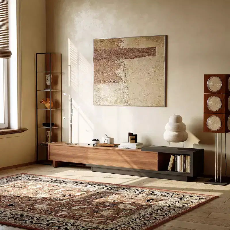 Mobile TV allungabile 78.74x102.3 con 3 cassetti, frontale con texture e console multimediale moderna per soggiorno