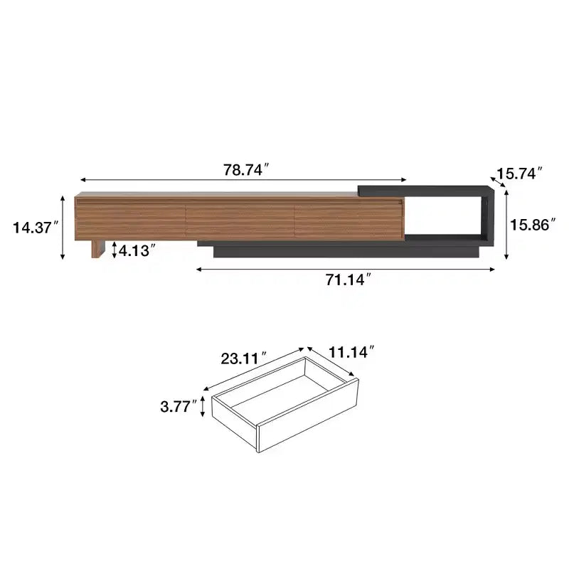 Mobile TV allungabile 78.74x102.3 con 3 cassetti, frontale con texture e console multimediale moderna per soggiorno