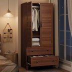 Spacious Wooden Wardrobe Closet with 2 Drawers and 18 Adjustable Shelves  Tall Bedroom Storage Cabinet with Hanging Rod and Modern Doors