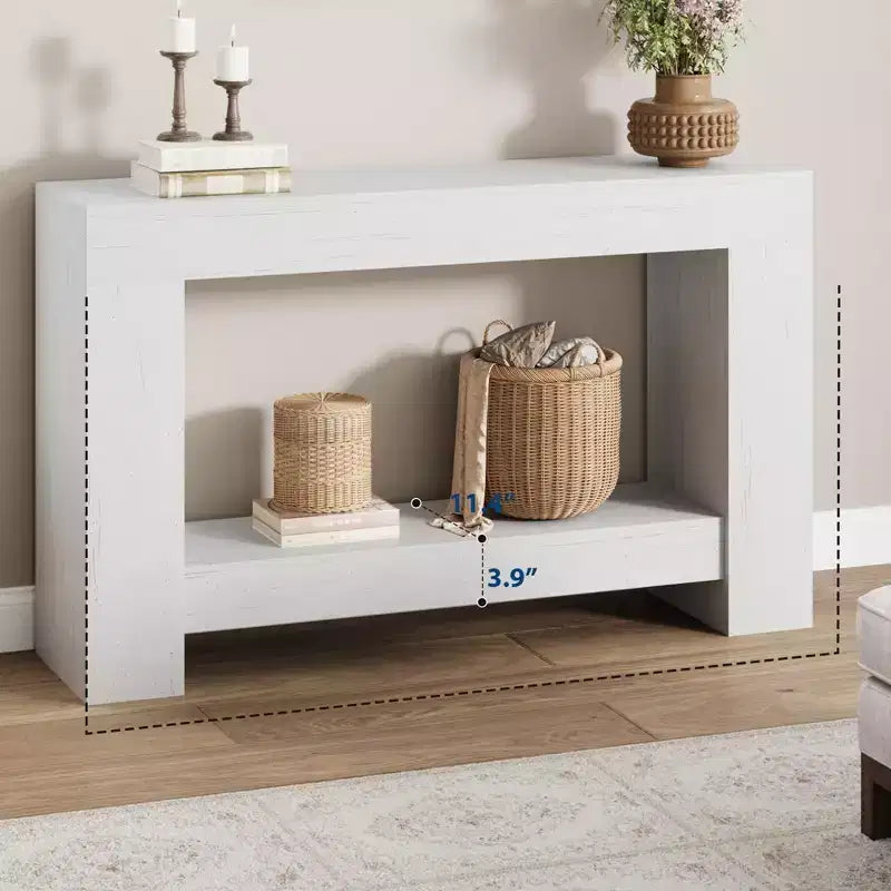 Tavolo consolle da fattoria con base solida, tavolino da divano a 2 ripiani da 120 cm per ingresso o soggiorno, tavolino d'appoggio rustico con venature del legno - Bianco
