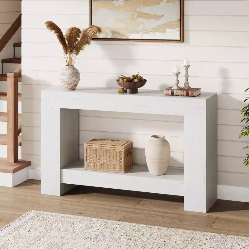 Tavolo consolle da fattoria con base solida, tavolino da divano a 2 ripiani da 120 cm per ingresso o soggiorno, tavolino d'appoggio rustico con venature del legno - Bianco