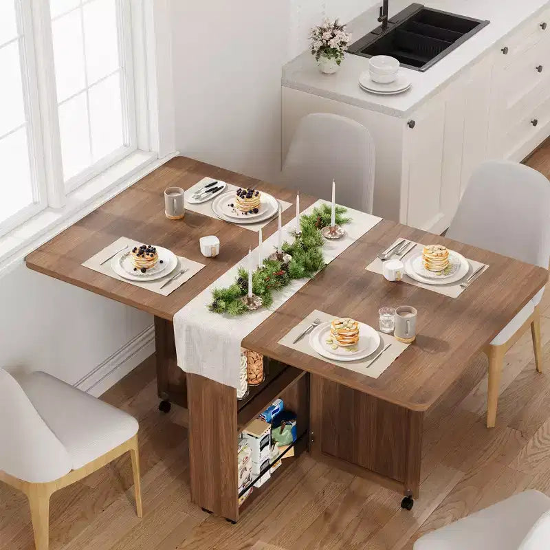 Tavolo da Pranzo Pieghevole per 4 Persone, Tavolo da Cucina in Stile Rustico con Cassetto, Ripiano Portaoggetti a 2 Livelli e 6 Ruote per Piccoli Spazi