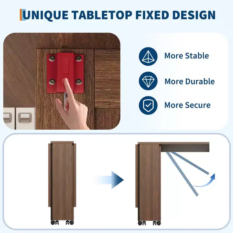 Tavolo da Pranzo Pieghevole per 4 Persone, Tavolo da Cucina in Stile Rustico con Cassetto, Ripiano Portaoggetti a 2 Livelli e 6 Ruote per Piccoli Spazi
