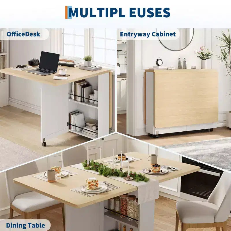 Tavolo da Pranzo Pieghevole per 4 Persone, Tavolo da Cucina in Stile Rustico con Cassetto, Ripiano Portaoggetti a 2 Livelli e 6 Ruote per Piccoli Spazi