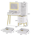 Moderna toeletta con specchio illuminato ad alta definizione, cinque cassetti, ante in vetro, prese integrate e piano in vetro per camera da letto.