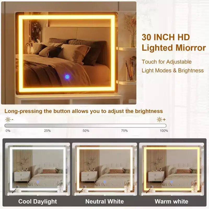 Moderna toeletta con specchio illuminato ad alta definizione, cinque cassetti, ante in vetro, prese integrate e piano in vetro per camera da letto.