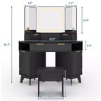 Scrivania angolare per trucco in legno naturale, toeletta angolare con piano in vetro, toeletta angolare con specchio e sedia, toeletta con scanalature