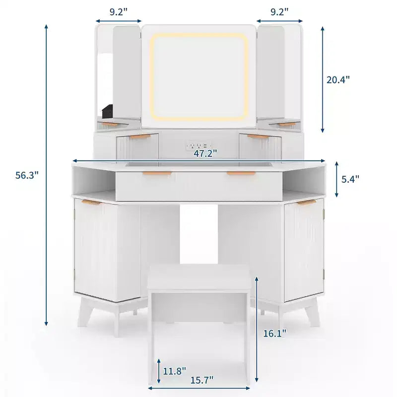 Scrivania angolare per trucco in legno naturale, toeletta angolare con piano in vetro, toeletta angolare con specchio e sedia, toeletta con scanalature