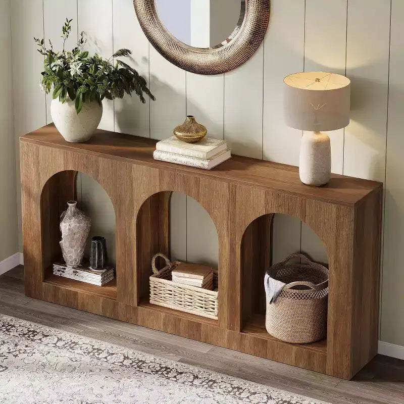 Consolle da 180 cm con cassetti, Tavolo da Ingresso in Legno con Ripiani Ad Arco per Foyer, Corridoio, Soggiorno, Stretto e Lungo, Marrone