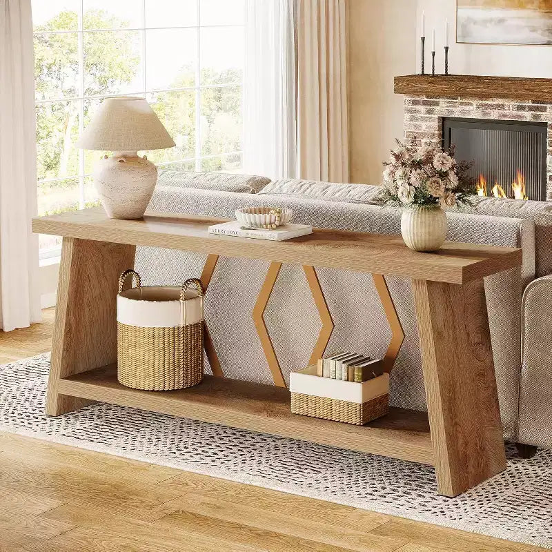 Lantine 70.86-Inch Extra Long 2-Tier Console Table, Light Oak Brown, for Living Room, Behind Couch, Entryway Hallway, with Storage.