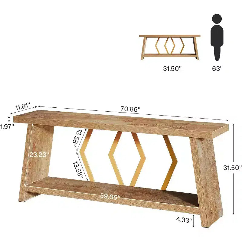 Tavolo console a 2 ripiani extra lungo da 70,86 pollici, marrone chiaro rovere, per soggiorno, dietro il divano, ingresso, con spazio di archiviazione