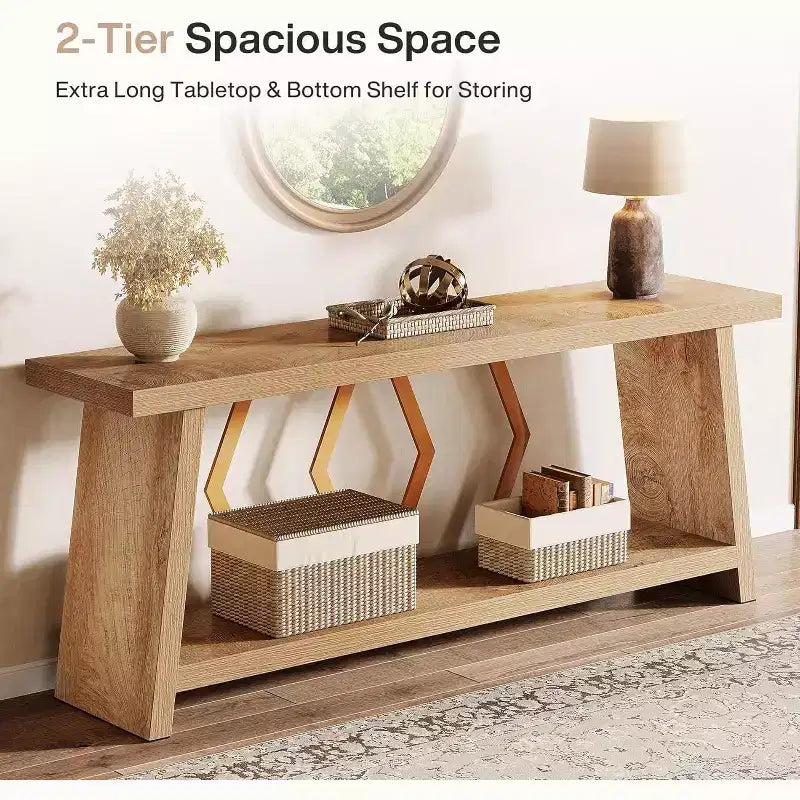 Tavolo console a 2 ripiani extra lungo da 70,86 pollici, marrone chiaro rovere, per soggiorno, dietro il divano, ingresso, con spazio di archiviazione