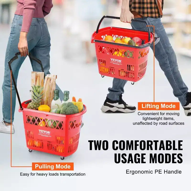 6 carrelli portaspesa in plastica da 39 litri con ruote e manici, rossi - Ideali per supermercati, negozi al dettaglio, spesa alimentare
