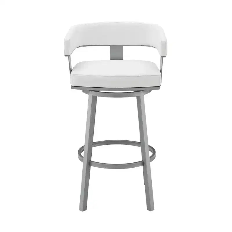 HomeRoots 30 White And Gray Faux Leather And Iron Swivel Low Back Bar Height Bar Chair