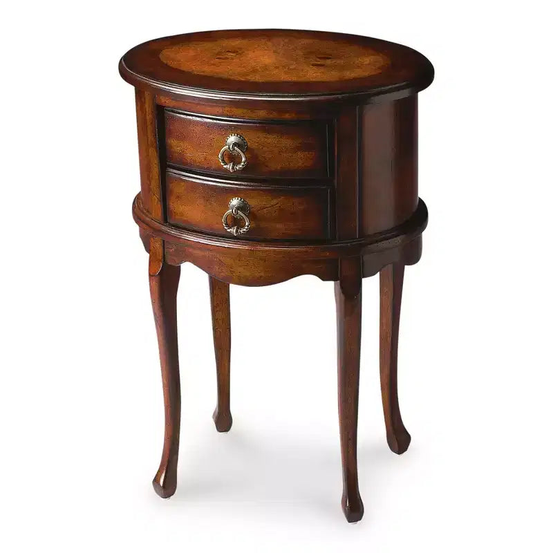 Tavolino ovale con due cassetti in legno scuro e ciliegio, 26"