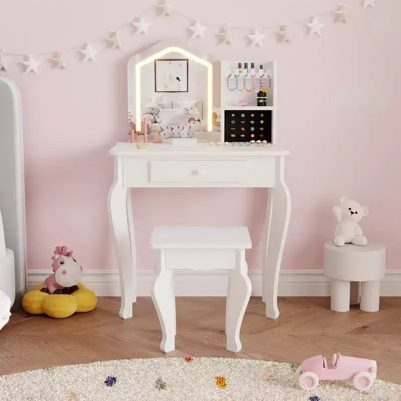 Toeletta per Bambine con Specchio Illuminato, Toeletta e Sgabello per Bambine, Tavolo da Trucco per Bambini e Set da Trucco per Bambine da 3 a 8 Anni