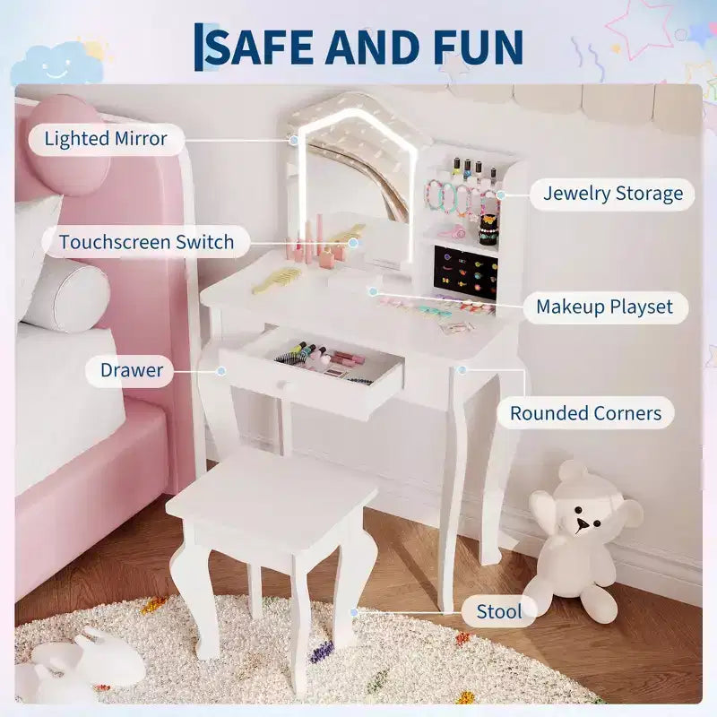 Toeletta per Bambine con Specchio Illuminato, Toeletta e Sgabello per Bambine, Tavolo da Trucco per Bambini e Set da Trucco per Bambine da 3 a 8 Anni