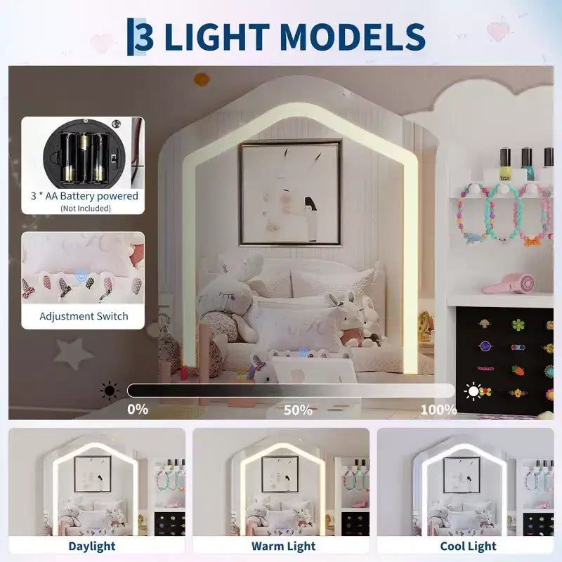 Toeletta per Bambine con Specchio Illuminato, Toeletta e Sgabello per Bambine, Tavolo da Trucco per Bambini e Set da Trucco per Bambine da 3 a 8 Anni