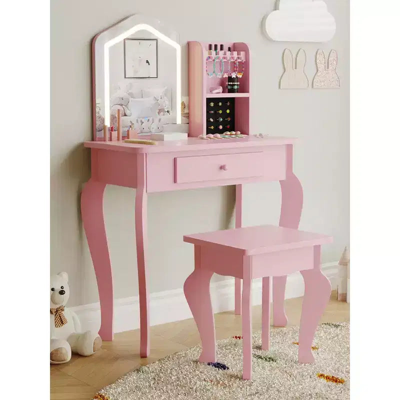 Toeletta per Bambine con Specchio Illuminato, Toeletta e Sgabello per Bambine, Tavolo da Trucco per Bambini e Set da Trucco per Bambine da 3 a 8 Anni