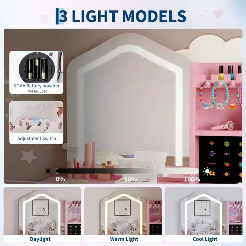 Toeletta per Bambine con Specchio Illuminato, Toeletta e Sgabello per Bambine, Tavolo da Trucco per Bambini e Set da Trucco per Bambine da 3 a 8 Anni