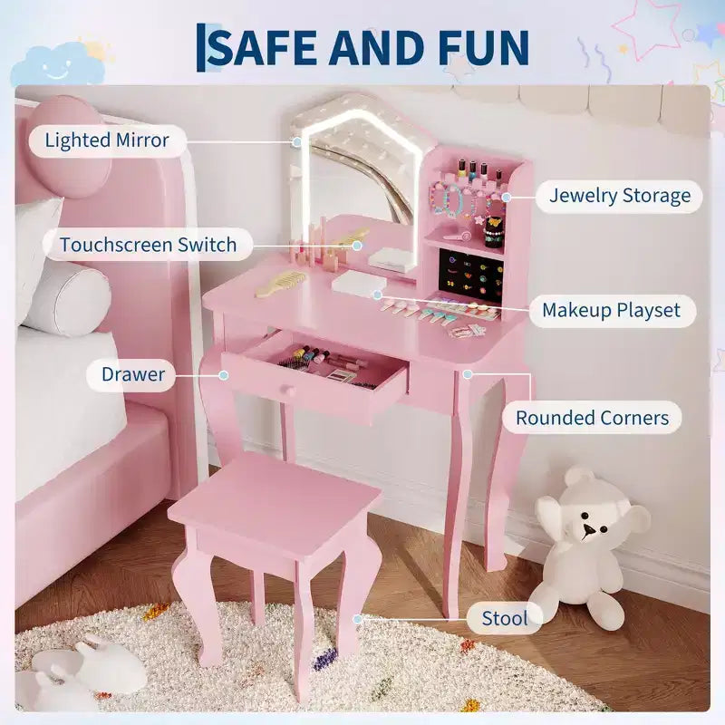 Toeletta per Bambine con Specchio Illuminato, Toeletta e Sgabello per Bambine, Tavolo da Trucco per Bambini e Set da Trucco per Bambine da 3 a 8 Anni