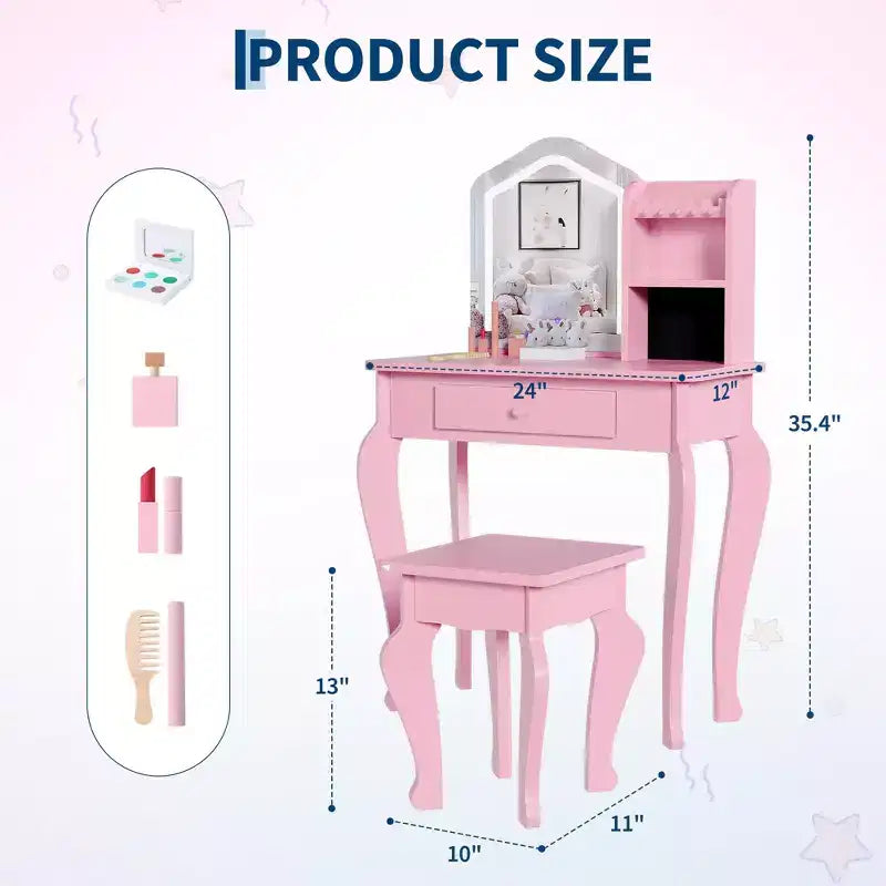Toeletta per Bambine con Specchio Illuminato, Toeletta e Sgabello per Bambine, Tavolo da Trucco per Bambini e Set da Trucco per Bambine da 3 a 8 Anni